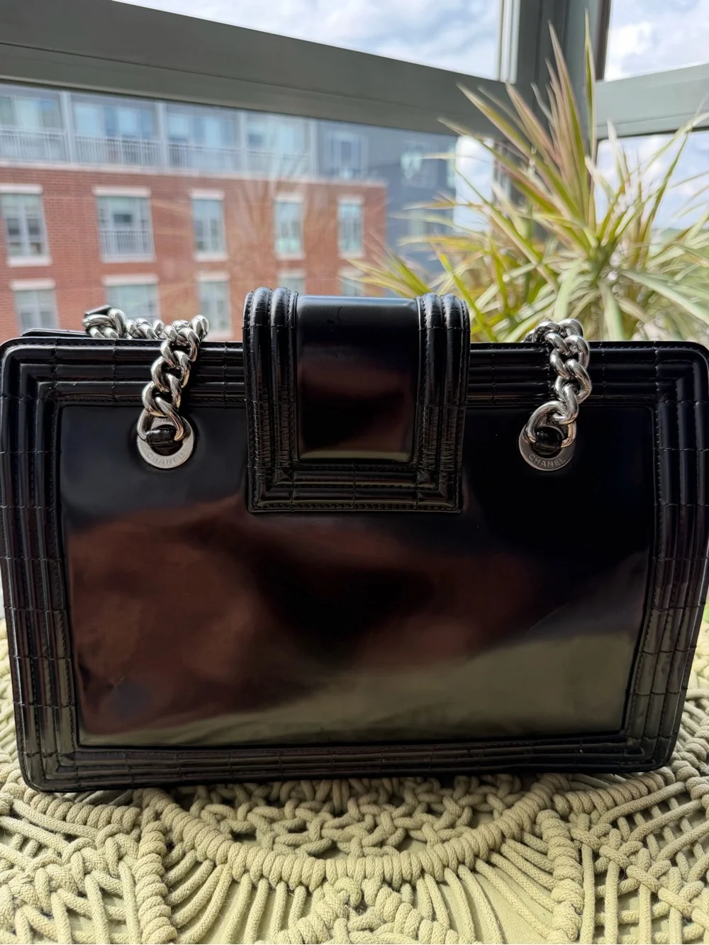 CHANEL Black Patent Satchel with Silver-Tone Chain